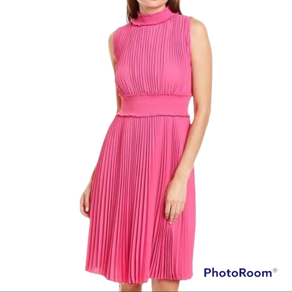 Nanette Lepore Pink Pleated High-Neck Midi Dress